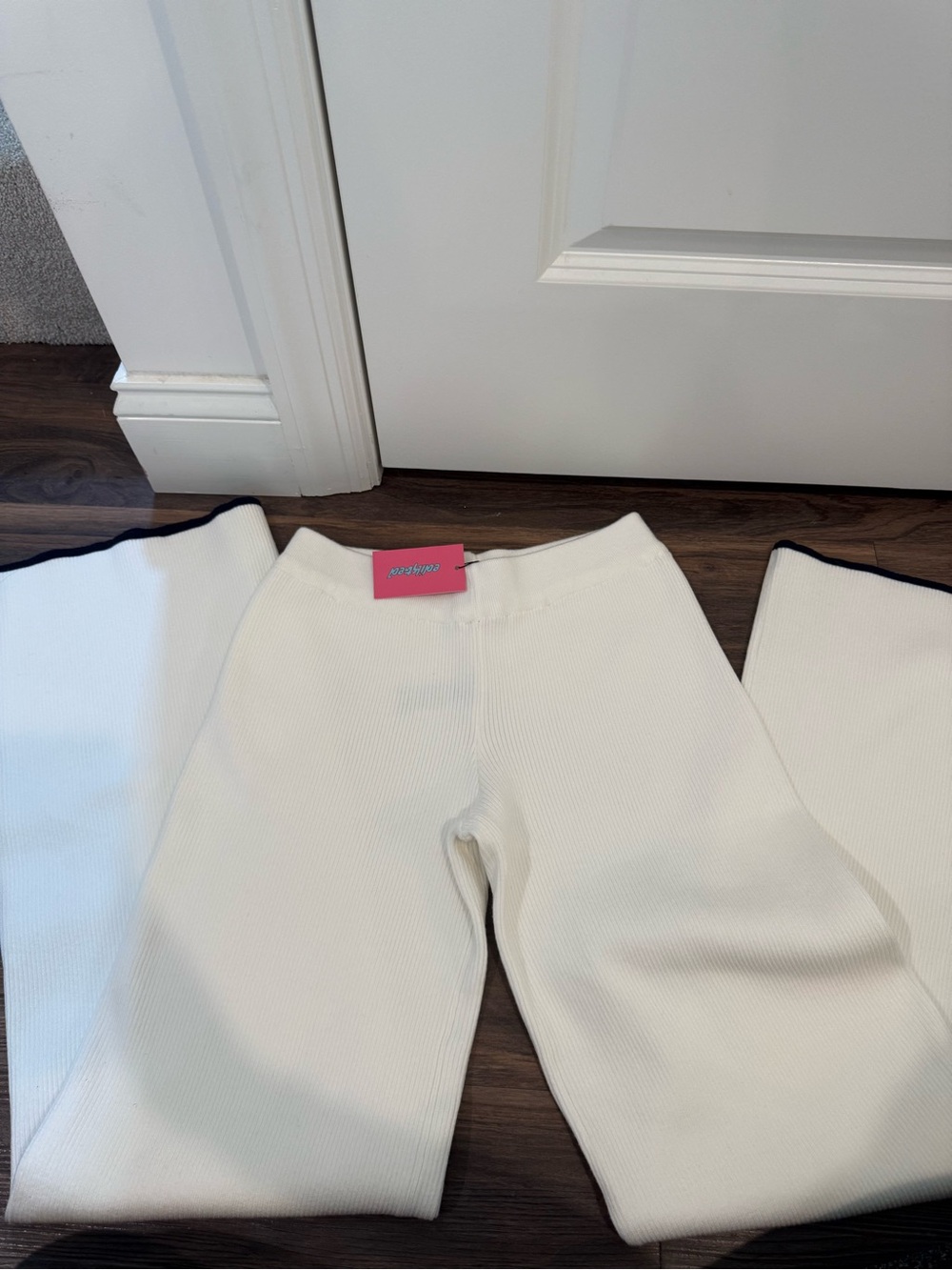 Edikted White Ribbed Knit Pants with Pink Tag